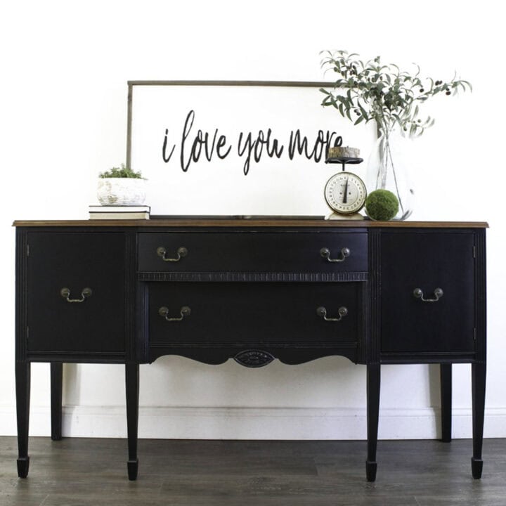 updated wooden furniture into a black piece with dark wood top