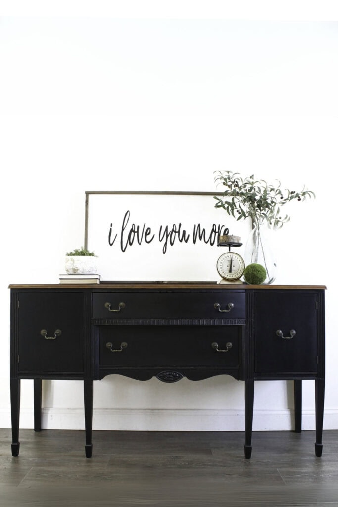 wooden antique buffet updated in black with dark wood top