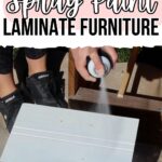 Person spray paints a piece of laminate furniture outdoors with text asking about spray painting laminate furniture.