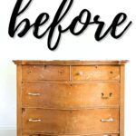 A worn wooden dresser with missing handles and before written above in large script font.