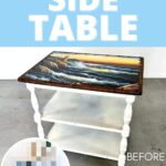 A wooden side table with a painted seascape top; before and after inset at the bottom left corner.