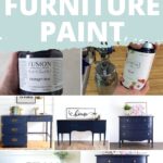 Collage of navy blue painted furniture, paint cans, and text: Best Navy Blue Furniture Paint.