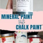 A hand holds a blue mineral paint jar above three jars of colorful chalk paint with text MINERAL PAINT vs CHALK PAINT.