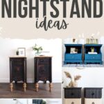 Collage of five unique nightstands in various colors and styles with text Creative Nightstand Ideas.
