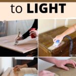 Collage showing steps to change dark wood stain to light: sanding, brushing, and cleaning wood surfaces.