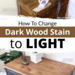 A hand sanding a dark wood dresser; below, the dresser is lighter and refinished with a plant on top.