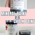 A hand holds a jar of mineral paint above two jars of chalk paint, text reads “Mineral Paint vs Chalk Paint.”.
