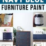 Collage of navy blue painted furniture and paint jars, with text Best Navy Blue Furniture Paint.