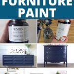 Collage of navy blue-painted furniture pieces, paint cans, and painting tools with bold text about navy blue paint.