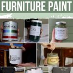 Collage of various green furniture paint brands in jars and cans, held by hands, with text Best Green Furniture Paint.