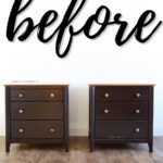 Two dark wood nightstands with three drawers each, labeled before in large script above them.