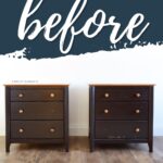 Two dark wood nightstands with missing knobs and light wood tops sit on a wooden floor; before is written above them.