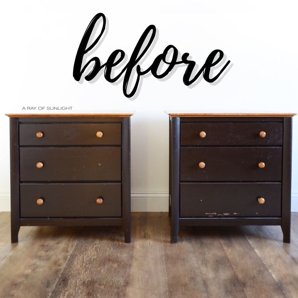 Two dark brown wooden dressers with three drawers each, labeled “before” on top