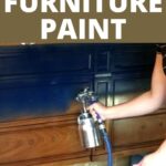 spray-painting a wooden dresser navy blue, with text: Best Navy Blue Furniture Paint.