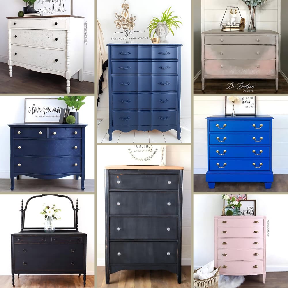photo collage of old dresser makeover