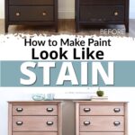 Two dark dressers before, and two light wood dressers after, showing a paint-to-stain furniture transformation.