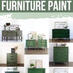 Collage of green-painted furniture with text: 10+ Best Green Furniture Paint at the top.