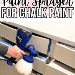 A person uses a blue paint sprayer on a set of partially open drawers; text reads Best Paint Sprayer for Chalk Paint.