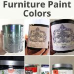 Six cans of neutral furniture paint in various brands and shades, arranged in a collage with text above.