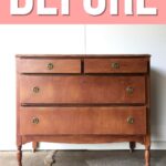 Old wooden dresser with four drawers on uneven legs, BEFORE in large text above on a pink background.