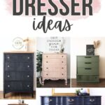 Collage of hand-painted dressers in different styles and colors with text: Hand Painted Dresser Ideas.
