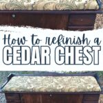 Before and after of a refinished cedar chest with an upholstered top and new hardware, outdoors.