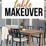 Wooden patio table with four black chairs, a plant centerpiece, and a light blanket draped over one chair.