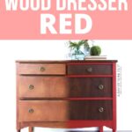 A wood dresser partially painted red, showing before and after transformation, with plants on top.