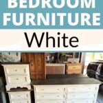 White-painted bedroom furniture set with dressers and a nightstand in a garage, text reads Painting Bedroom Furniture White.
