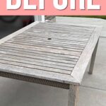 Weathered wooden patio table on a concrete surface with the word BEFORE written above in bold letters.