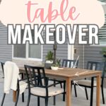 Outdoor patio table with black chairs, decor plants, and a throw blanket beside a gray house; makeover text overlay.