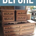 Two stacked, old wooden dressers with brass handles in a garage, labeled BEFORE at the top.