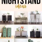 Grid of nine tall nightstand designs in various colors and styles, with plants and decor on top.