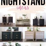 Collage of various tall nightstands in different colors and styles, each decorated with plants and decor.