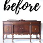 An antique wooden sideboard with ornate carvings and before written above in bold script.