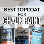 A hand applies topcoat to a surface; cans of Minwax and Varathane polyurethane and polycrylic shown below.