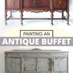 Split image showing an antique buffet before (dark wood) and after (painted distressed green)