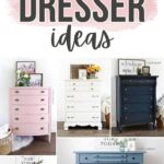 Collage of five painted antique dressers in pink, white, black, green, and blue, decorated with flowers.