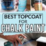 Three types of topcoat spray cans and a hand spraying topcoat on a surface, with text about chalk paint.