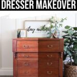 Before and after of an antique wooden dresser makeover, with improved finish and decor on top.