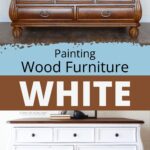 Split image showing a wood dresser before and after being painted white, with text about painting furniture.