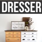 A dresser half painted white with chalk paint, showing a before and after comparison.