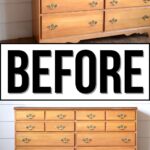 A wooden dresser with brass handles shown before any makeover or refinishing, labeled BEFORE.