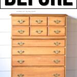 A wooden dresser with brass handles against a white wall, labeled BEFORE at the top.