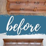 A wooden dresser with curved legs and metal handles shown before refinishing, on a wooden floor.