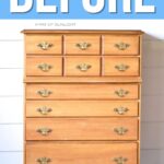 Wooden tall dresser with brass handles against a white wall