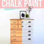 A dresser half painted with chalk paint; left side wood, right side grey, labeled before and after.
