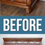A wooden dresser with ornate legs and silver handles is shown before being refinished or restored.