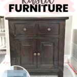 A dark wooden cabinet labeled before with text Painting Rustic Furniture above and a blurred after inset.
