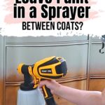 A person holding a yellow paint sprayer in front of a dresser with text asking about leaving paint in a sprayer.